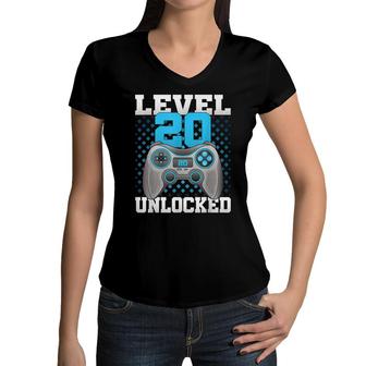 Level 20 Unlocked Video Gaming 20Th Birthday 2002 Game Gamer Women V-Neck T-Shirt - Seseable