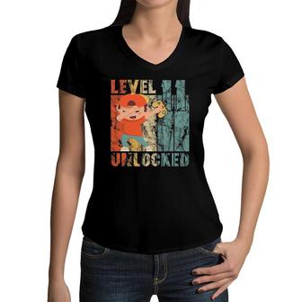 Level Unlocked-11Th Birthday Boy Dabbing Video Gamer Women V-Neck T-Shirt | Mazezy