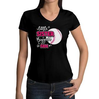 Little Sister Biggest Fan Baseball Season For Girl Siblings Women V-Neck T-Shirt | Mazezy