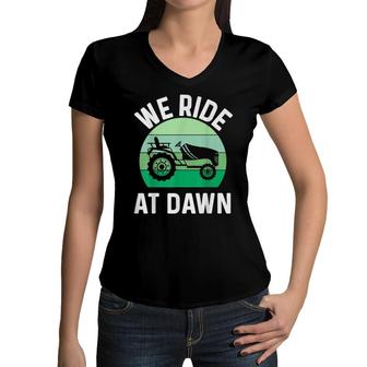 Mens We Ride At Dawn Lawnmower Lawn Mowing Dad Yard Women V-Neck T-Shirt - Seseable