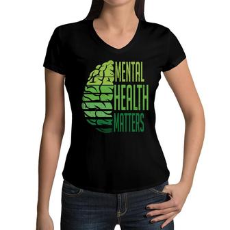 Mental Health Awareness Matter Green Vintage Brain Women V-Neck T-Shirt - Seseable