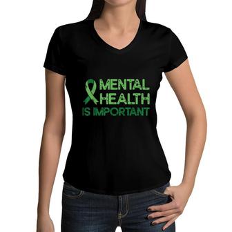 Mental Health Green Ribbon Anxiety Mental Health Awareness Women V-Neck T-Shirt - Seseable