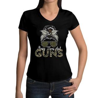 Messy Buns And Guns For Women Wife Mom Military Women V-Neck T-Shirt - Seseable