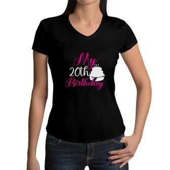 My 20Th Birthday With A Big And Sweet Birthday Cake Since I Was Born In 2002 Women V-Neck T-Shirt - Seseable