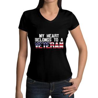 My Heart Belongs To A Veteran 2022 Usa Flag Women V-Neck T-Shirt - Seseable
