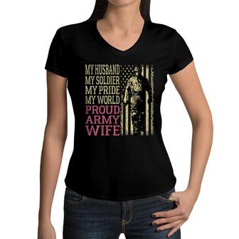 My Husband My Soldier Hero - Proud Army Wife Military Spouse Women V-Neck T-Shirt - Seseable