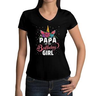 Papa Of The Birthday Girl Unicorn Girls Family Matching Women V-Neck T-Shirt - Seseable