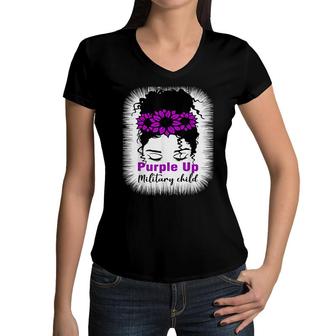 Purple Up For Military Kids Messy Bun Sunflower Women V-Neck T-Shirt - Seseable