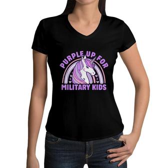 Purple Up For Military Kids Military Child Month Unicorn Women V-Neck T-Shirt - Seseable