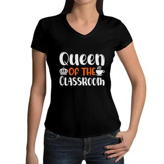 Queen Of The Classroom Orange And White Women V-Neck T-Shirt - Seseable