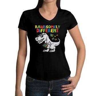 Rawrsomely Different Trex Dino Boys Autism Awareness Toddler Women V-Neck T-Shirt - Seseable