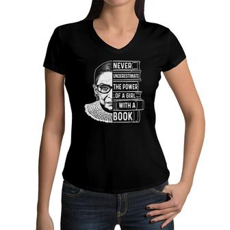 Rbg Never Underestimate The Power Of A Girl With A Book Gift Women V-Neck T-Shirt - Seseable