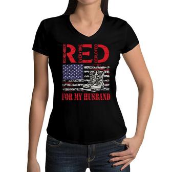Red Friday For My Husband Army Military Wife Us Flag Veteran Women V-Neck T-Shirt - Seseable