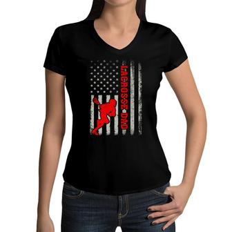 Retro Vintage American Flag Lacrosse Dad Fathers Day Women V-Neck T-Shirt - Seseable
