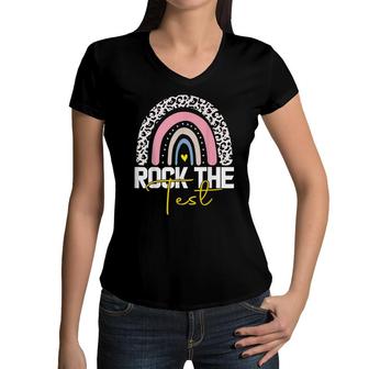 Rock The Test Test Day Teacher Testing Day Rainbow Teacher Women V-Neck T-Shirt - Seseable