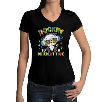 Rockin To A Different Tune Panda Autism Awareness Boys Kids Women V-Neck T-Shirt | Mazezy