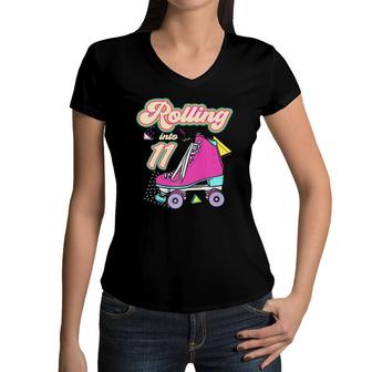 Rolling Into 11 Years Old Roller Skate 11Th Birthday Girl Women V-Neck T-Shirt - Seseable