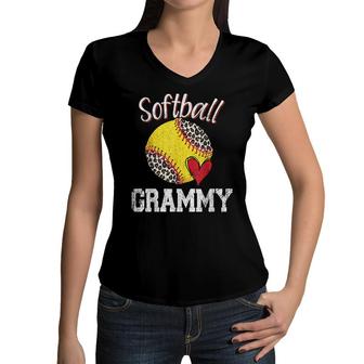 Softball Grammy Leopard Ball Funny Mothers Day Women V-Neck T-Shirt - Seseable