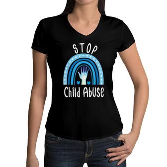 Stop Child Abuse Child Abuse Prevention Awareness Rainbow Women V-Neck T-Shirt - Seseable