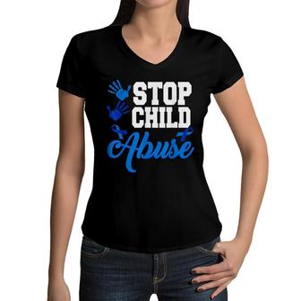 Stop Child Abuse Cool Child Abuse Prevention Awareness Women V-Neck T-Shirt - Seseable
