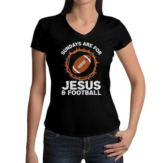 Sundays Are For Jesus Football Bible Verse Graphic Christian Women V-Neck T-Shirt - Seseable