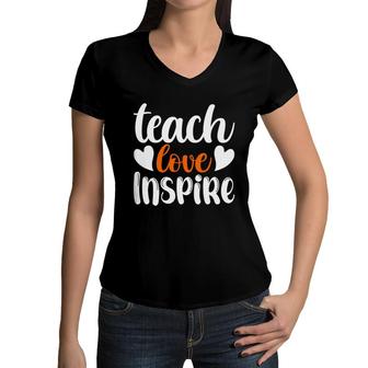 Teach Love Inspire Orange White Teacher Women V-Neck T-Shirt | Seseable UK