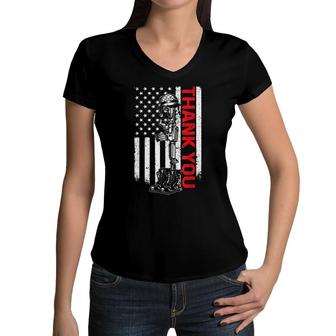 Thank You Flag Veterans 4Th July Memorial Day Women V-Neck T-Shirt - Seseable