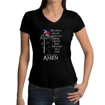 The Devil Saw Me With My Head Down And Thought Special 2022 Gift Women V-Neck T-Shirt - Seseable