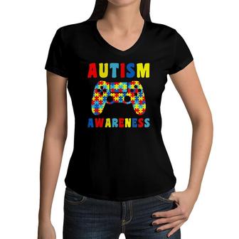 Video Games Puzzles Autism Awareness Kids Boys Girls Women V-Neck T-Shirt | Mazezy