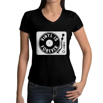 Vinyl Is Forever 80S 90S Styles Black White Music Women V-Neck T-Shirt - Seseable