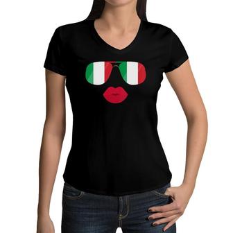 Womens Italy Flag Sunglasses Lips Italia Flags Italian Women Girl Women V-Neck T-Shirt - Seseable