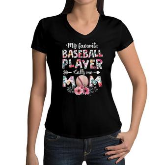 Womens My Favorite Baseball Player Calls Me Mom Baseball Mom Women V-Neck T-Shirt - Seseable