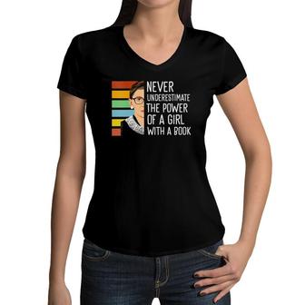 Womens Never Underestimate The Power Of A Girl With A Book Feminist V-Neck Women V-Neck T-Shirt - Seseable