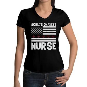 Worlds Okayest Nurse Heartbeat White Graphic New 2022 Women V-Neck T-Shirt - Seseable