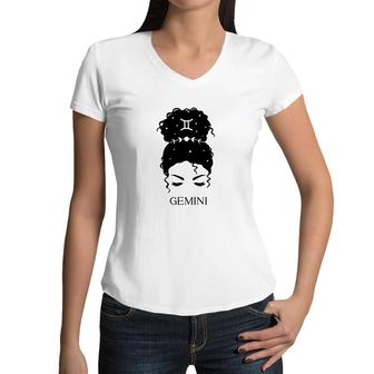 Messy Bun Zodiac Astrology Gemini Girl Birthday Women V-Neck T-Shirt