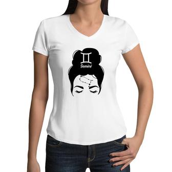 Messy Bun Zodiac Cool Funny Gemini Girl Birthday Women V-Neck T-Shirt