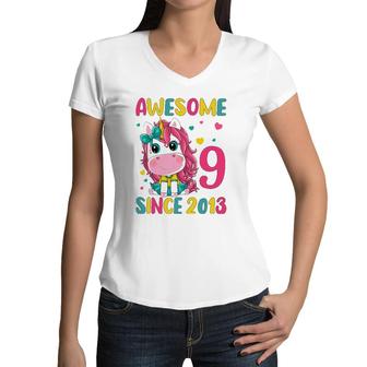 9Th Birthday Party Unicorn Girl 9 Years Old Birthday Women V-Neck T-Shirt | Mazezy