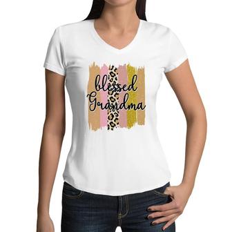 Blessed Grandma Leopard Vintage Mothers Day Women V-Neck T-Shirt - Seseable