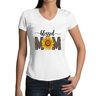 Blessed Mom With Sunflower And Leopard Vintage Mothers Day Design Women V-Neck T-Shirt - Seseable