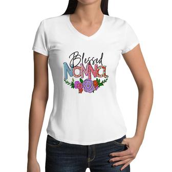Blessed Nonna Flower Grandma From Daughter With Love New Women V-Neck T-Shirt - Seseable