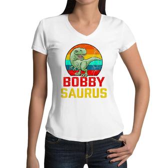 Bobby Saurus Family Reunion Last Name Team Funny Custom Women V-Neck T-Shirt - Seseable