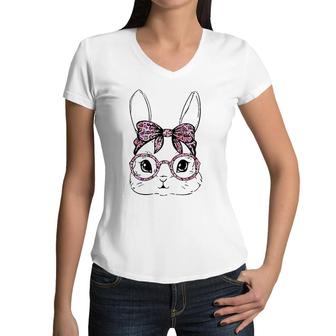 Bunny Face Leopard Glasses Happy Easter Day Women Girl Kid Women V-Neck T-Shirt | Mazezy