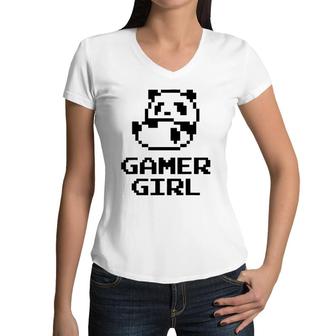 Cool Gamer Girl Cute Panda 8-Bit Gift For Video Game Lovers Women V-Neck T-Shirt - Seseable