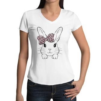 Cute Bunny Face Leopard Bow Tie Easter Day Girls Womens Women V-Neck T-Shirt | Mazezy