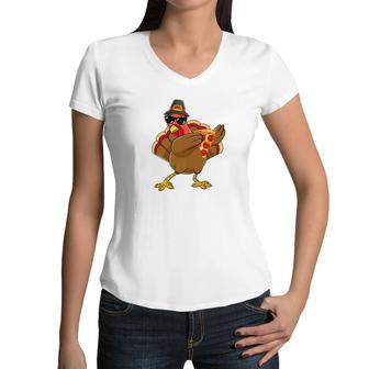 Cute Save A Turkey Eat Pizza Thanksgiving Kids Adult V Women V-Neck T-Shirt - Monsterry