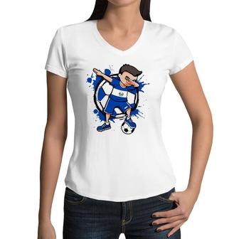 Dabbing Soccer Boy El Salvador Football Lovers Jersey Flag Women V-Neck T-Shirt | Mazezy