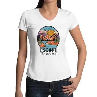 Escape The Ordinary From Busy Life To Relax Vintage Mountain Adventure Women V-Neck T-Shirt - Seseable