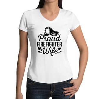 Firefighter Proud Wife Heart Black Graphic Meaningful Women V-Neck T-Shirt - Seseable