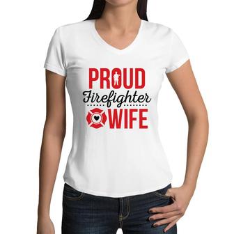 Firefighter Proud Wife Red Black Graphic Meaningful Women V-Neck T-Shirt - Seseable
