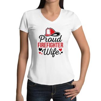 Firefighter Proud Wife Red Heart Black Graphic Meaningful Women V-Neck T-Shirt - Seseable